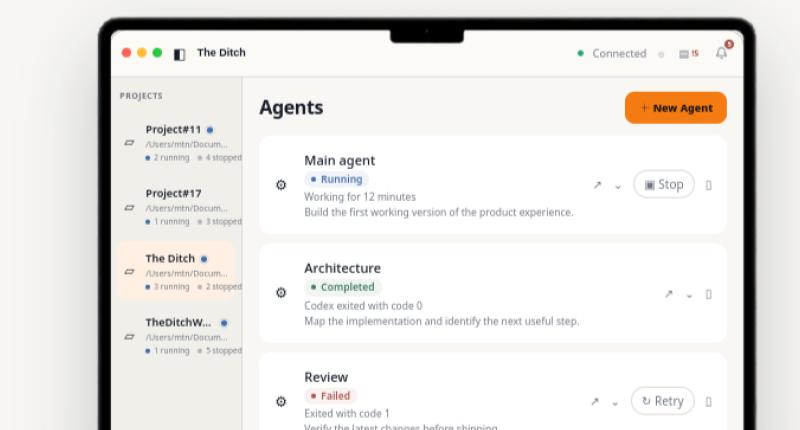 De macOS-workspace van The Ditch met meerdere AI-coding-agentsessies in softwareprojecten